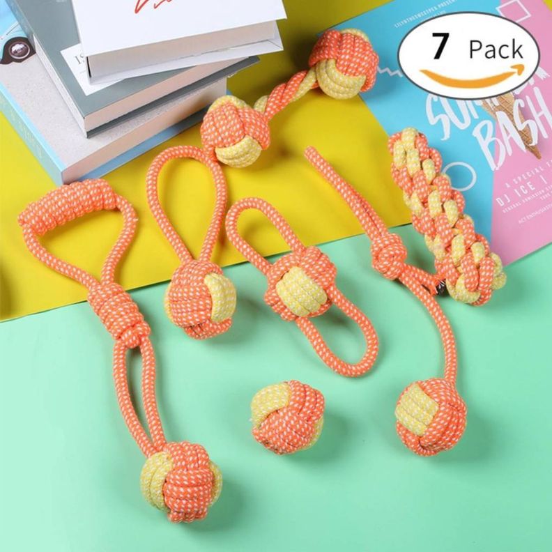 Set 7 Juguetes Mascotas Perro Bola, Cuerdas Nudos En Algodon Naranjo