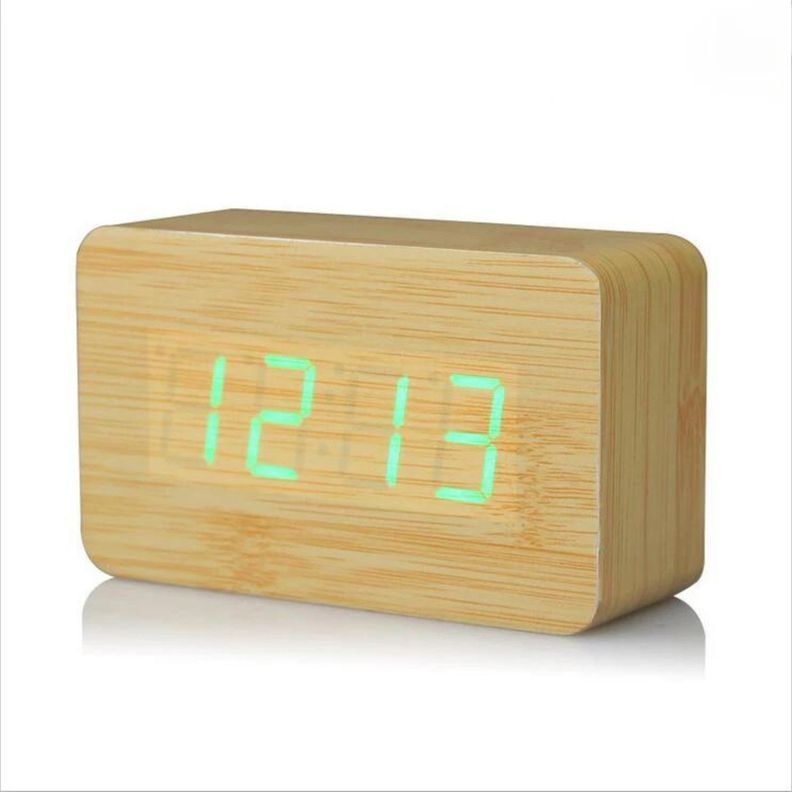 Reloj despertador digital de madera luz led verde-1