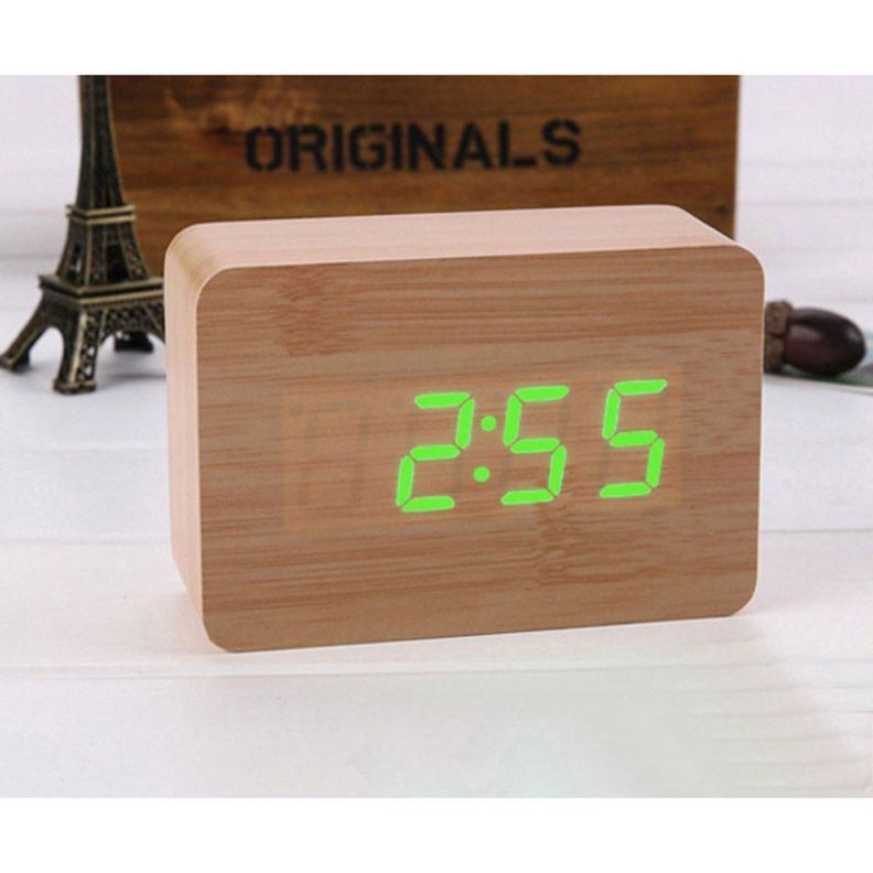 Reloj despertador digital de madera luz led verde-2