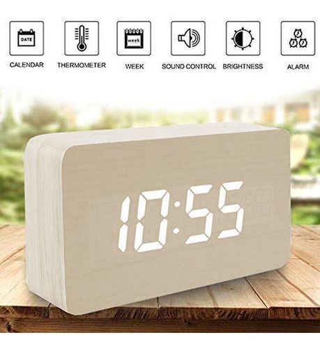 Reloj despertador digital de madera luz led verde-4