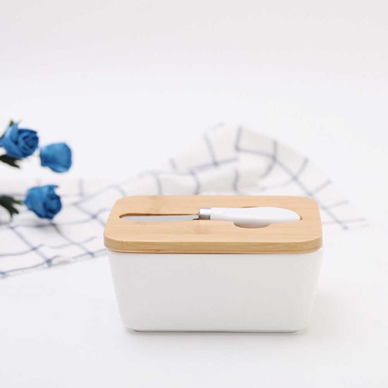 Mantequillero de cerámica con tapa de madera-2