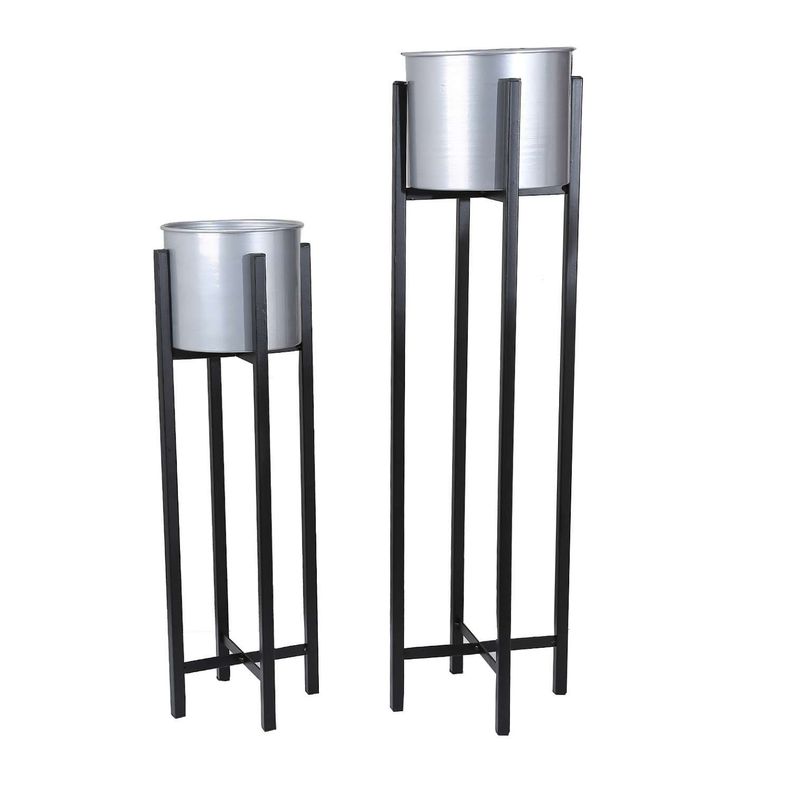 Set 2 maceteros con pedestal plateados-0