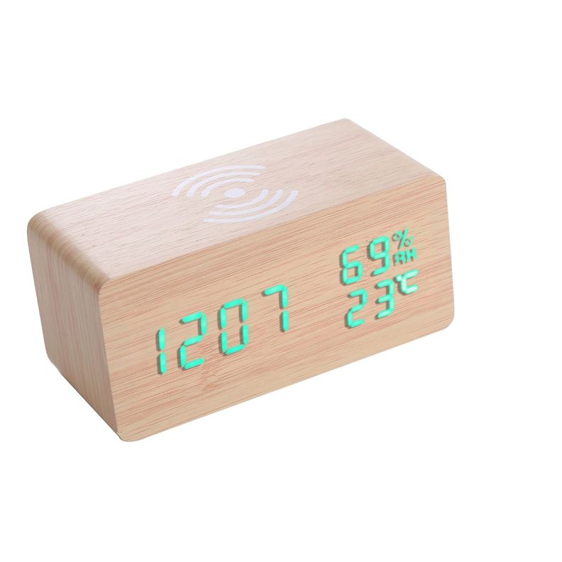 Reloj digital de madera con carga inalámbrica para teléfonos-0