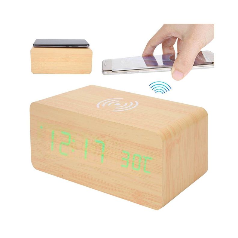 Reloj digital de madera con carga inalámbrica para teléfonos-1