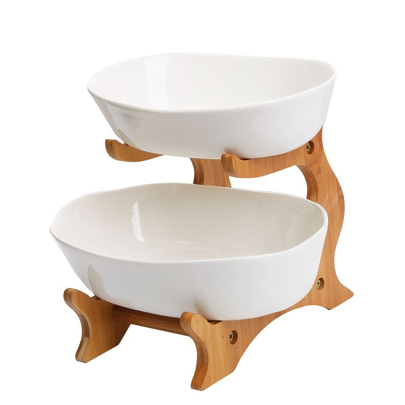 Frutera ceramica / madera 2 niveles 22cm Blanco
