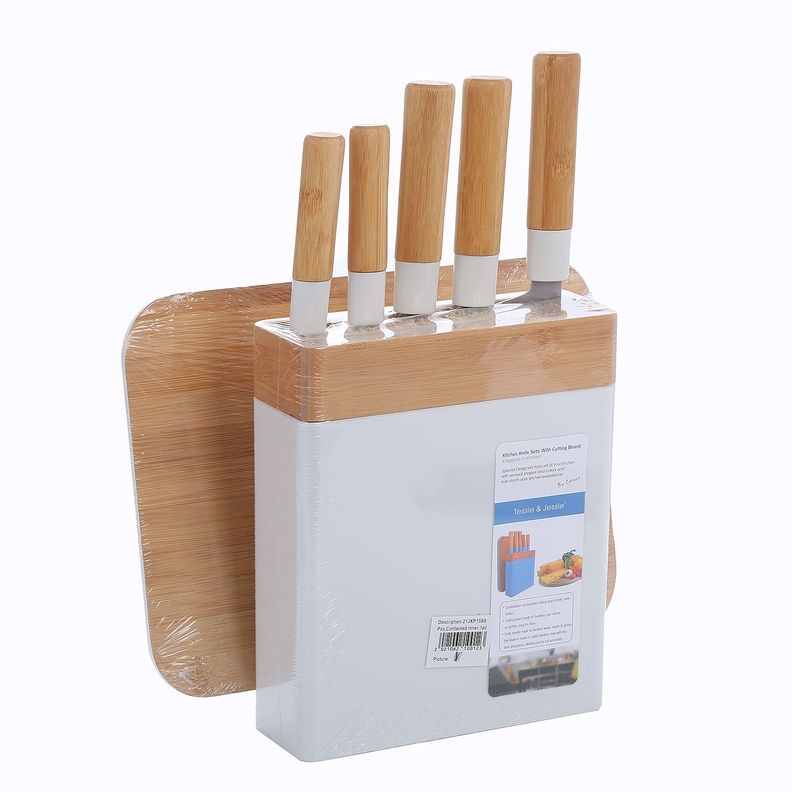 Tabla de cortar más set de 5 cuchillos bambú-0