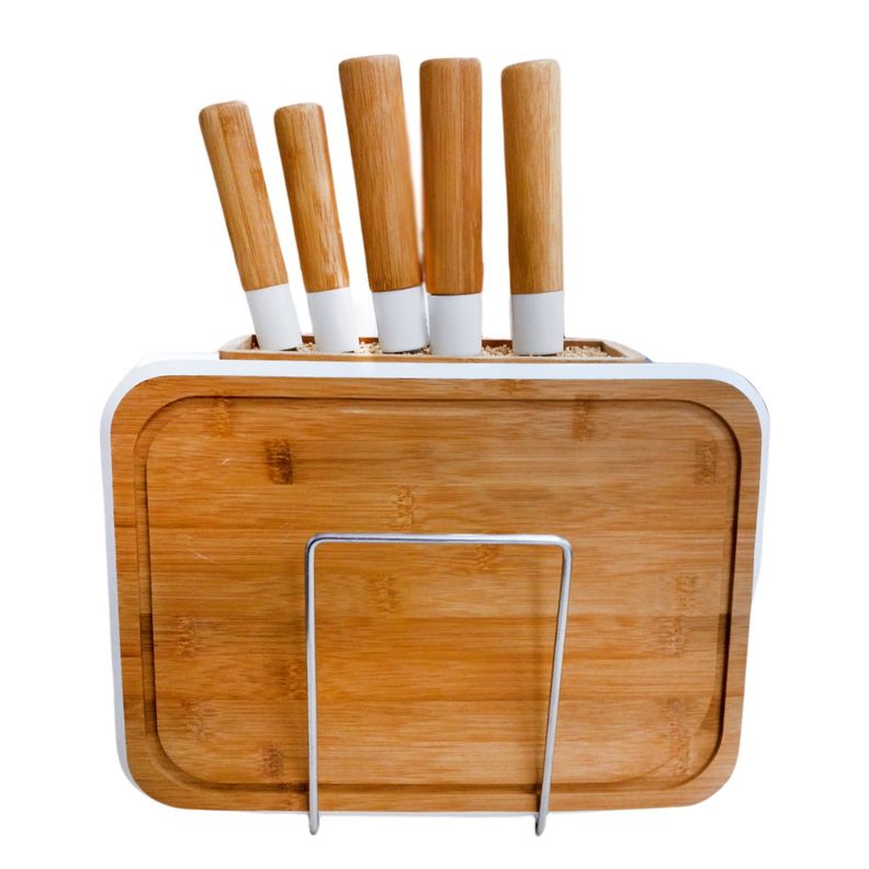 Tabla de cortar más set de 5 cuchillos bambú-1