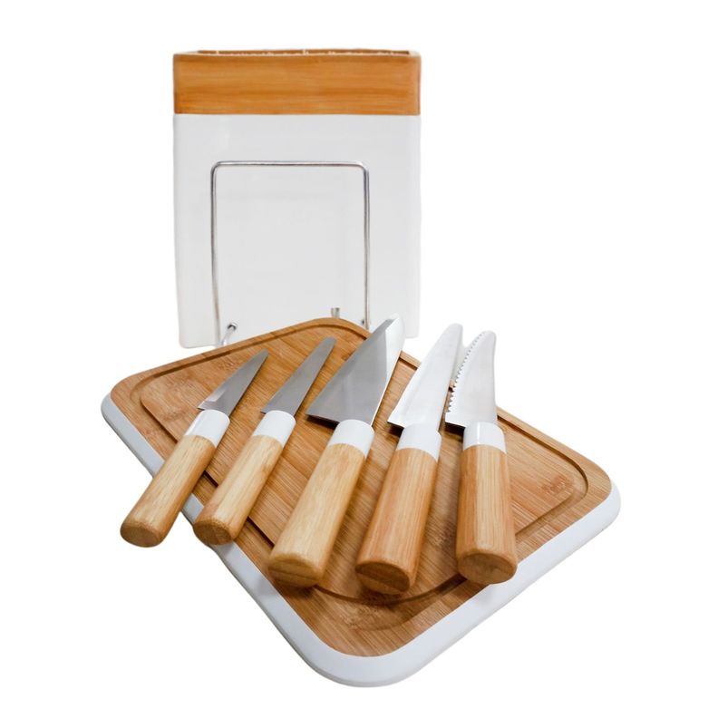 Tabla de cortar más set de 5 cuchillos bambú-2