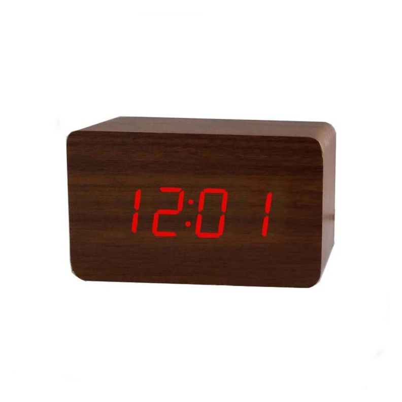 Reloj despertador digital  de madera  luz led roja-1