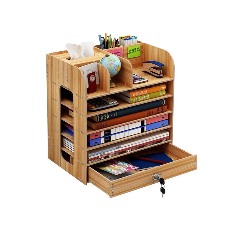 Organizador de escritorio multiuso de madera café-0