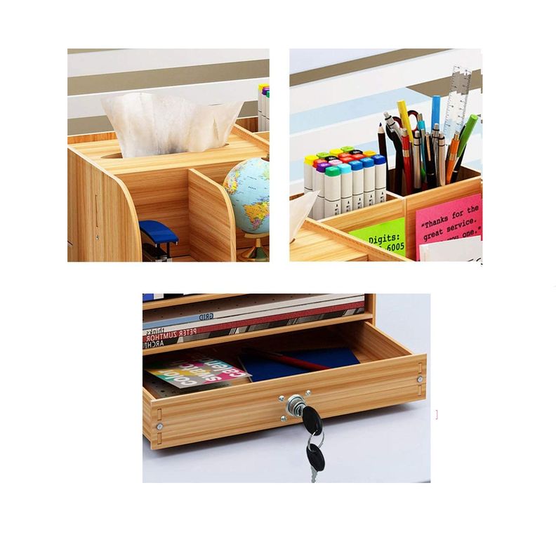 Organizador de escritorio multiuso de madera café-3