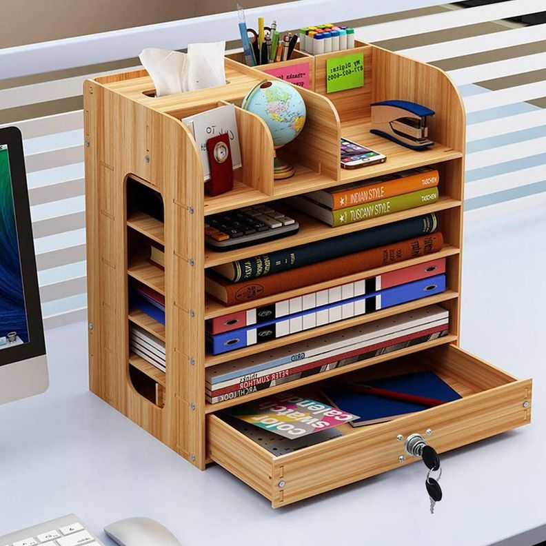Organizador de escritorio multiuso de madera café-4