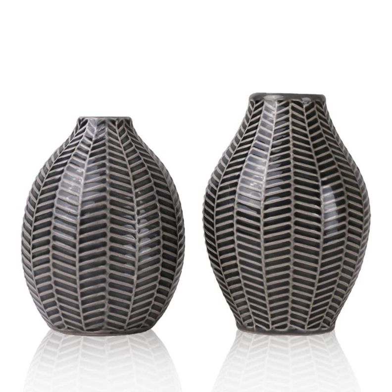 Set 2 jarrones diseno hojas gris Negro
