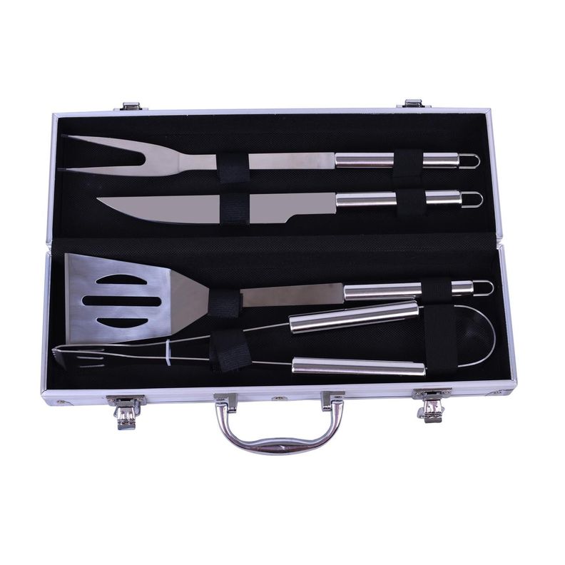 Set 4 accesorios parrilleros de acero y maletin de metal-0
