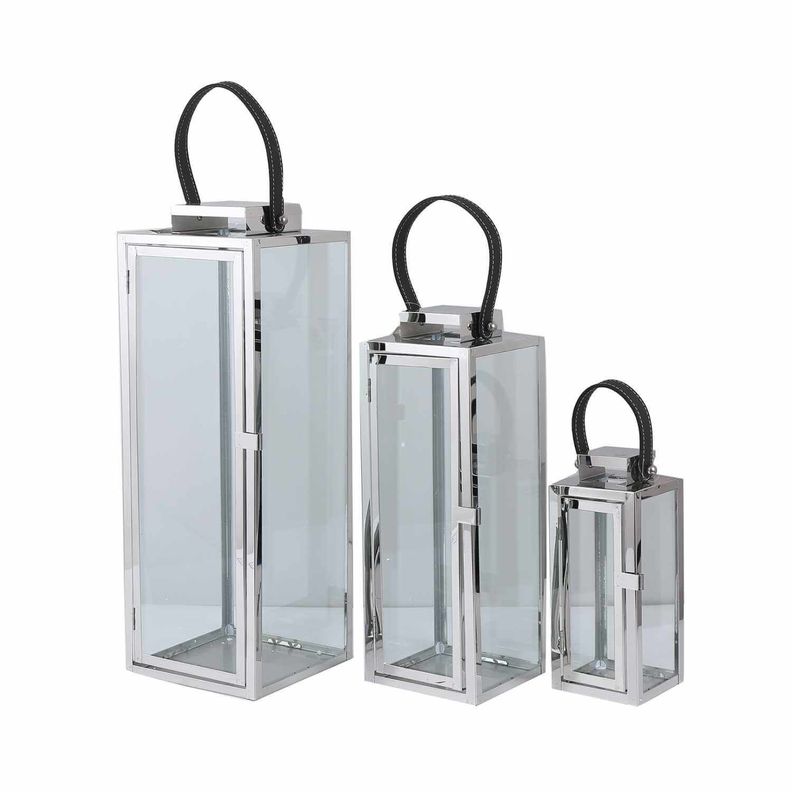 Set de 3 faroles de vidrio con asa de cuero-0