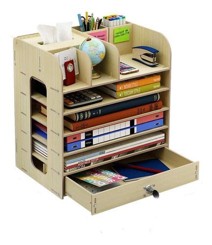 Organizador de escritorio multiuso de madera blanco-0
