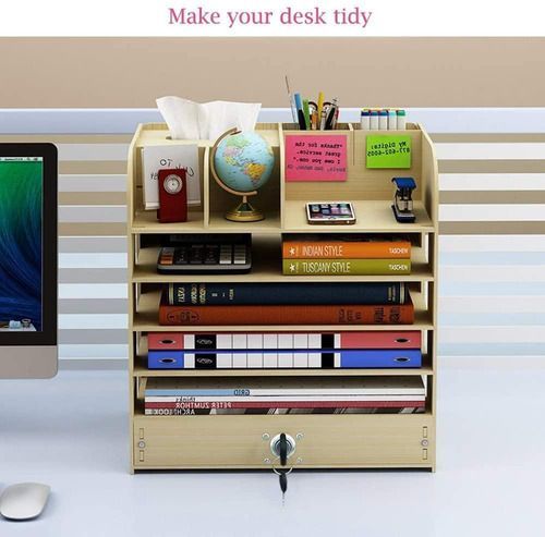 Organizador de escritorio multiuso de madera blanco-1