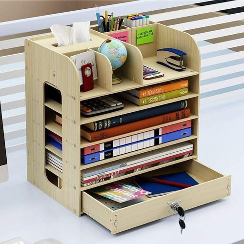 Organizador de escritorio multiuso de madera blanco-2