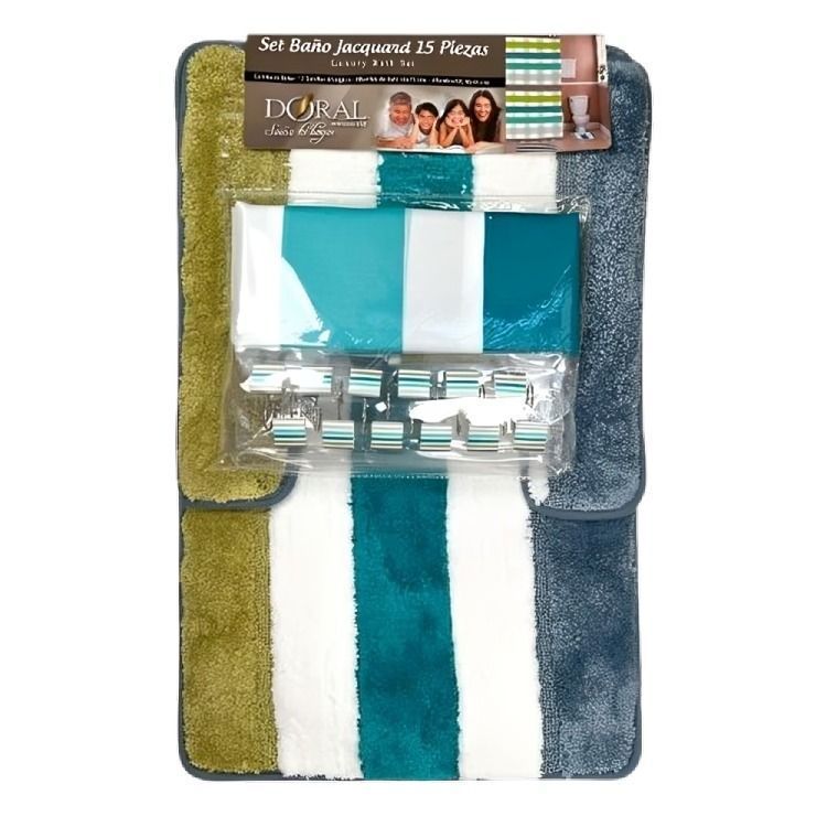 Set de Bano 15pcs Franjas Petroleo Verde Azul Doral