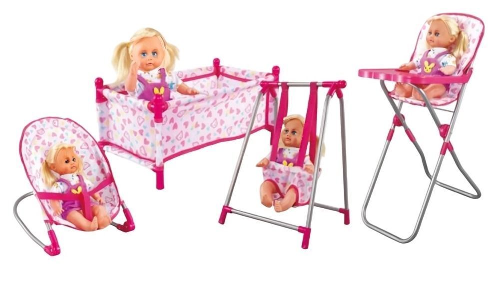 Set Juego 4 En 1 Con Muñeca, Silla, Comedor, Columpio Y Cuna-0