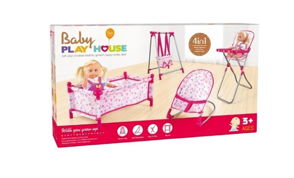 Set Juego 4 En 1 Con Muñeca, Silla, Comedor, Columpio Y Cuna-1