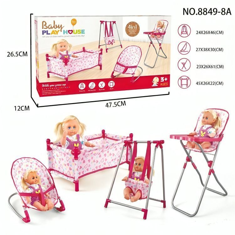 Set Juego 4 En 1 Con Muñeca, Silla, Comedor, Columpio Y Cuna-2