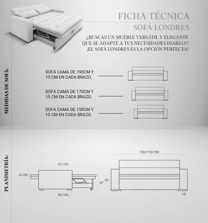Sofá Cama 2 Cuerpos Londres 170 cm Gris Oscuro-2