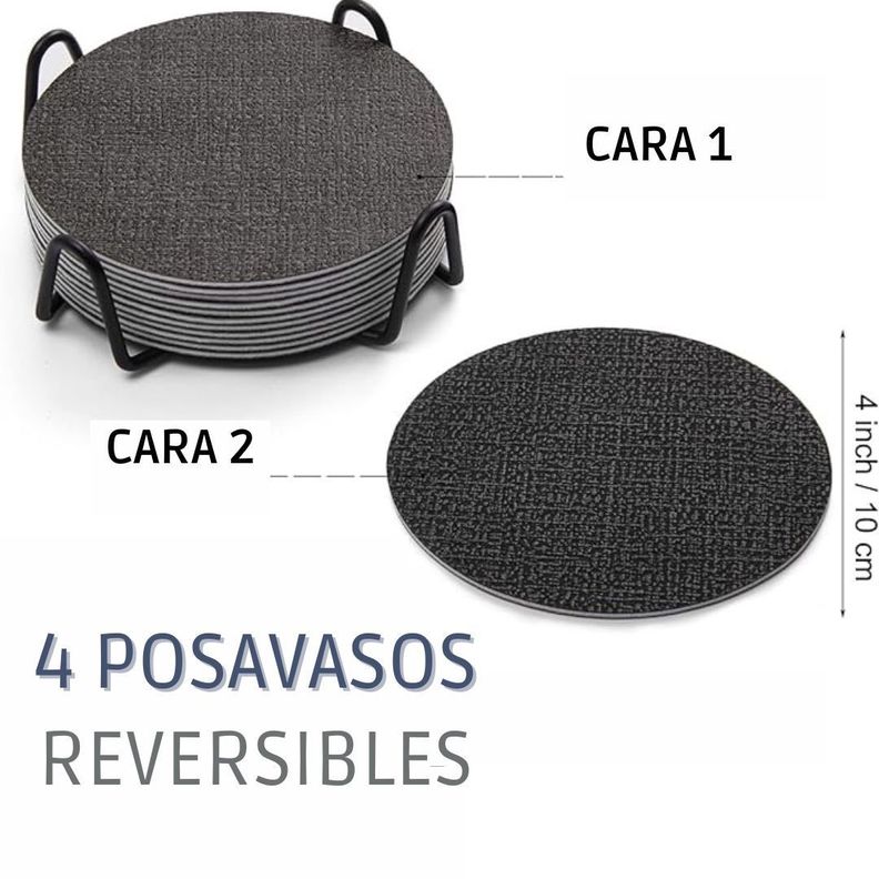 Set 4 Posavasos Ecocuero Antimanchas Mesa Redondos Reversibles-1