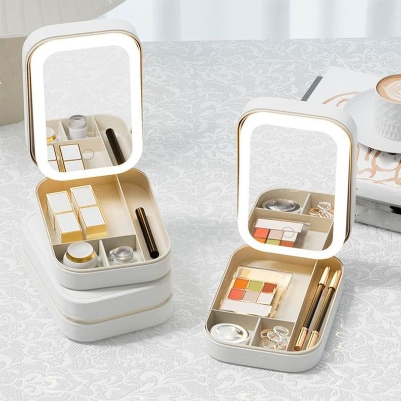 Estuche Organizador De Cosméticos Con Espejo Y Luces LED-3