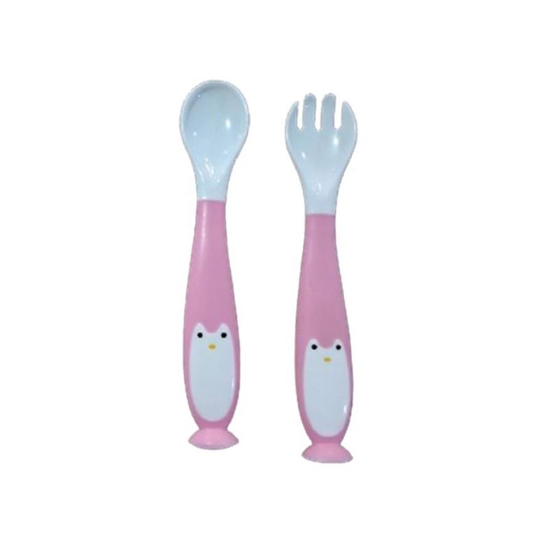 Pack Cubiertos De Pingüino Rosado Para Bebes