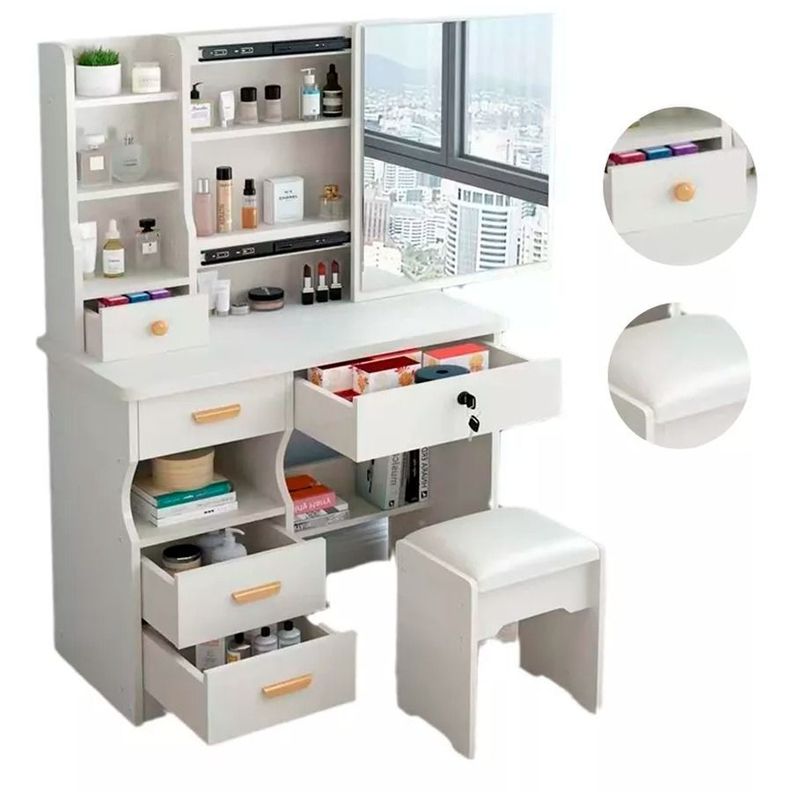Tocador Con Taburete Blanco Y Espejo Giratorio 138x80x40cm -0