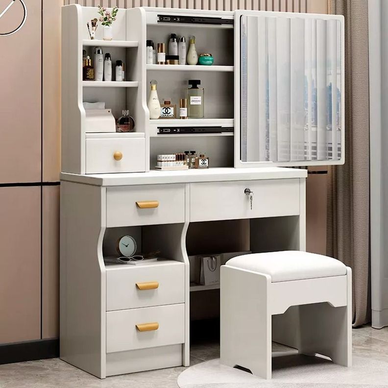 Tocador Con Taburete Blanco Y Espejo Giratorio 138x80x40cm -1