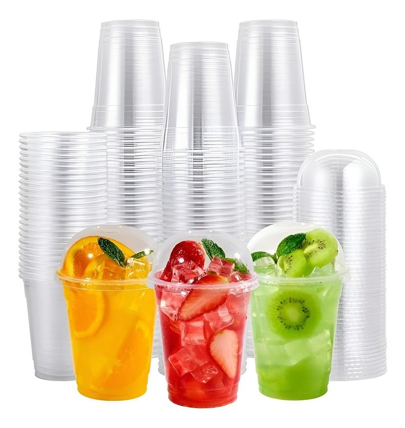 100 Vasos Desechables Vasos Plastico Tapa Domo Con Hoyo 12oz Transparente Blanco