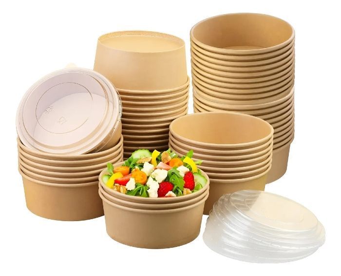 Pack X200 Bowls Plastico Bowl Con Tapa Polipapel Kraft 500cc Beige
