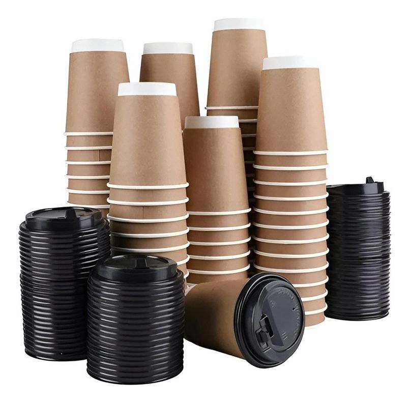 X200 Vasos Desechables Vaso Kraft Doble Pared C/tapa 12oz Marron Claro / Vaso Kraft Doble Pared 12oz Cafe Claro