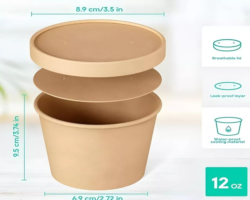 25 Pote Kraft Contenedor De Alimentos Potes Sopa C/tapa 12oz-2