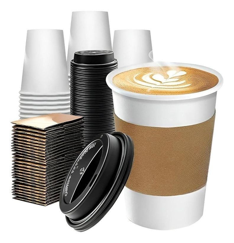 Vaso Cafe Polipapel Vasos Kraft Vaso C/tapa+manga 50und 12oz Blanco / Vaso 12oz
