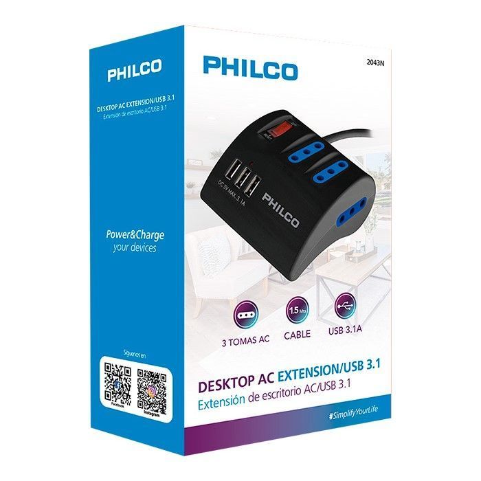 Alargador Extensión Philco 3 POS y 3 USB Negro-1