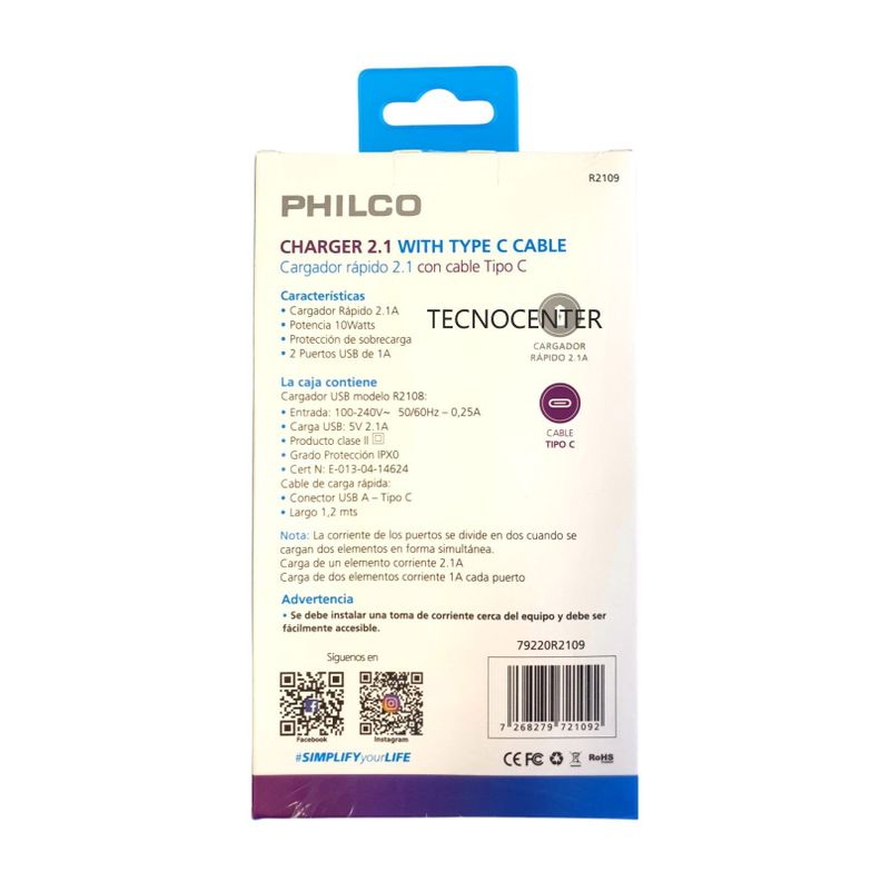 Cargador Pared y Cable Tipo C Philco 2.1A-5