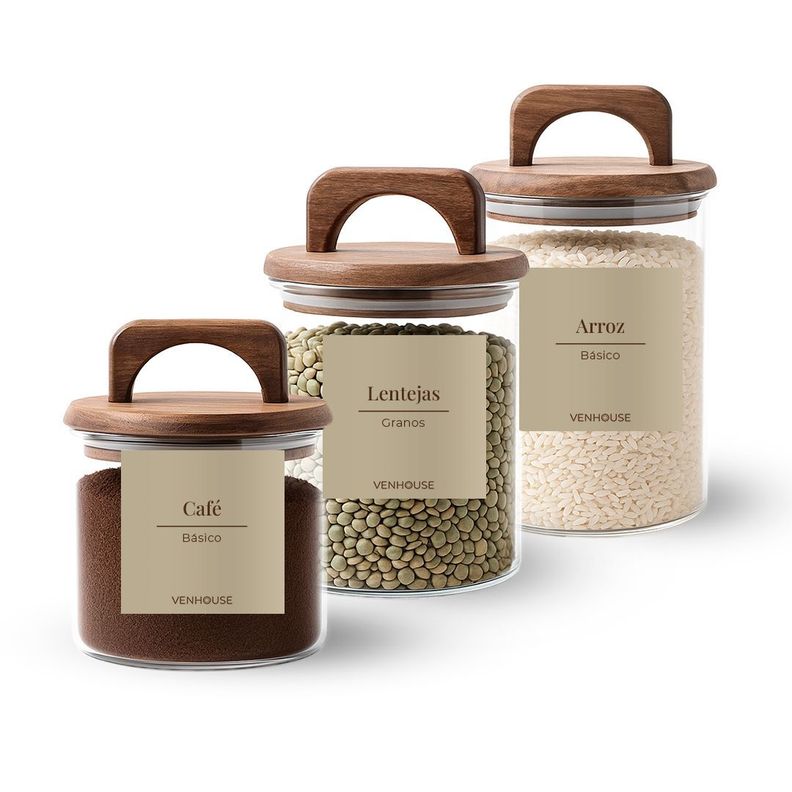 Set 3 Contenedores Herméticos Vidrio Cocina Acacia Con Asa Etiqueta Beige-0