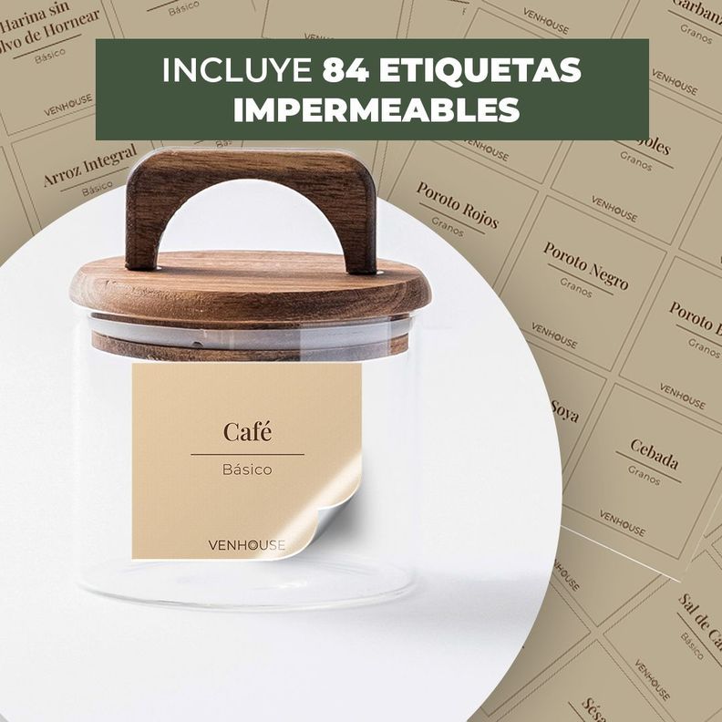 Set 3 Contenedores Herméticos Vidrio Cocina Acacia Con Asa Etiqueta Beige-1