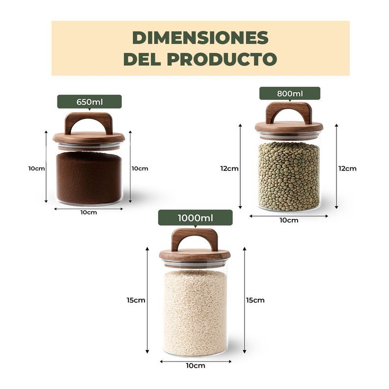 Set 3 Contenedores Herméticos Vidrio Cocina Acacia Con Asa Etiqueta Beige-3