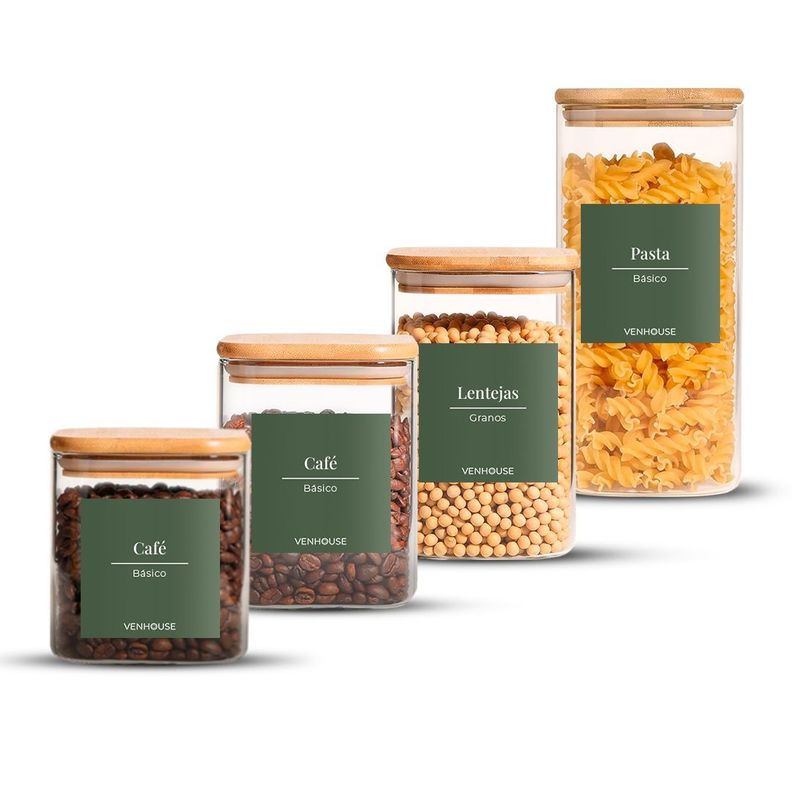 Set 4 Contenedores Herméticos Verde musgo Vidrio Cocina Despensa Bambú-0
