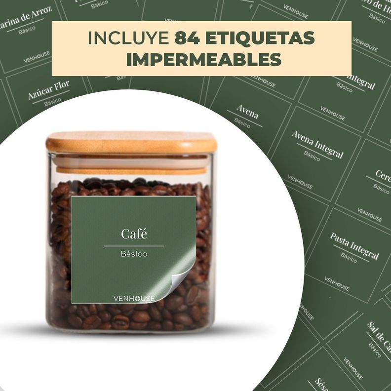 Set 4 Contenedores Herméticos Verde musgo Vidrio Cocina Despensa Bambú-1