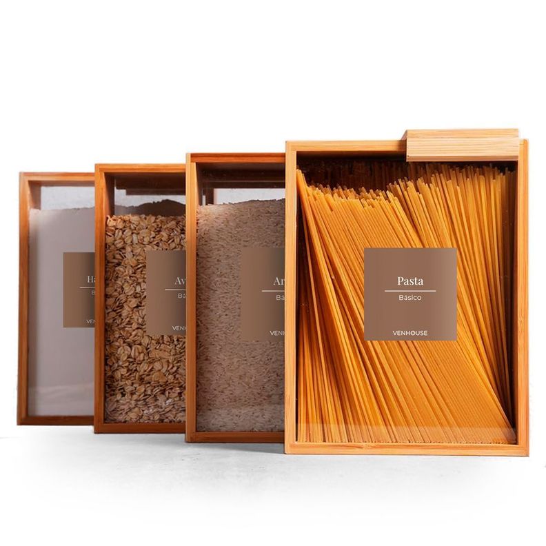 4 Contenedor Hermético Despensa Vidrio Bambú 2200ml Etiqueta Marron-0