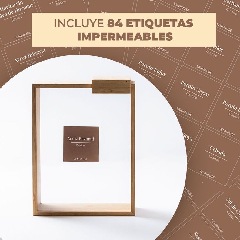 4 Contenedor Hermético Despensa Vidrio Bambú 2200ml Etiqueta Marron-1