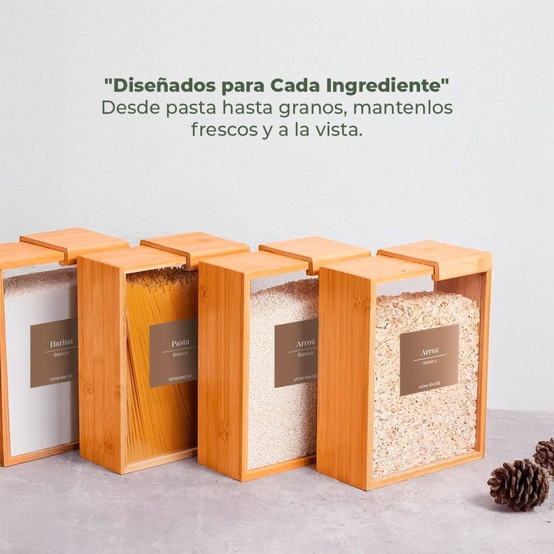 4 Contenedor Hermético Despensa Vidrio Bambú 2200ml Etiqueta Marron-4