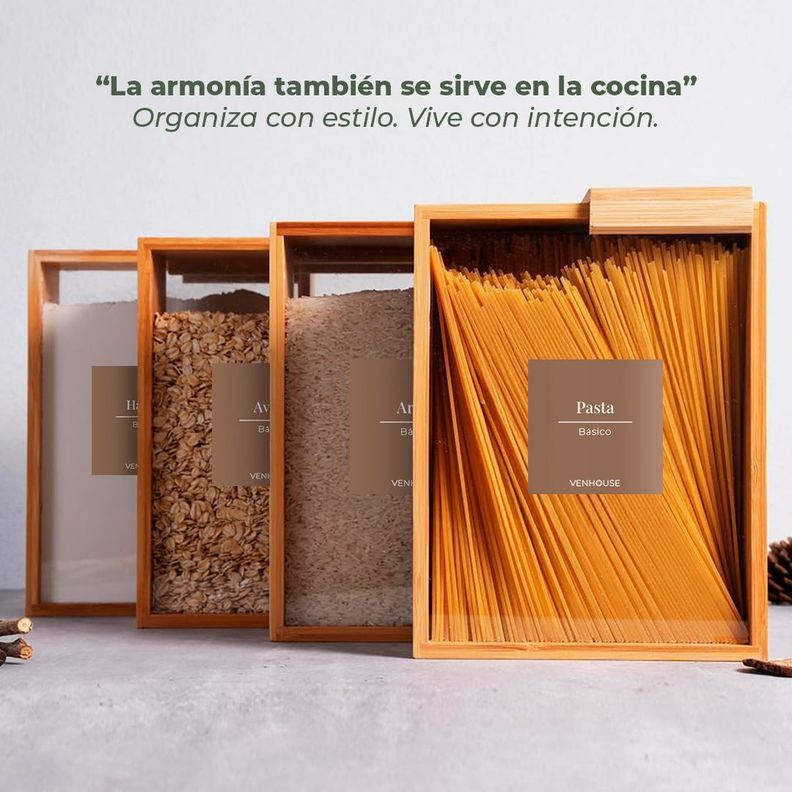 4 Contenedor Hermético Despensa Vidrio Bambú 2200ml Etiqueta Marron-5