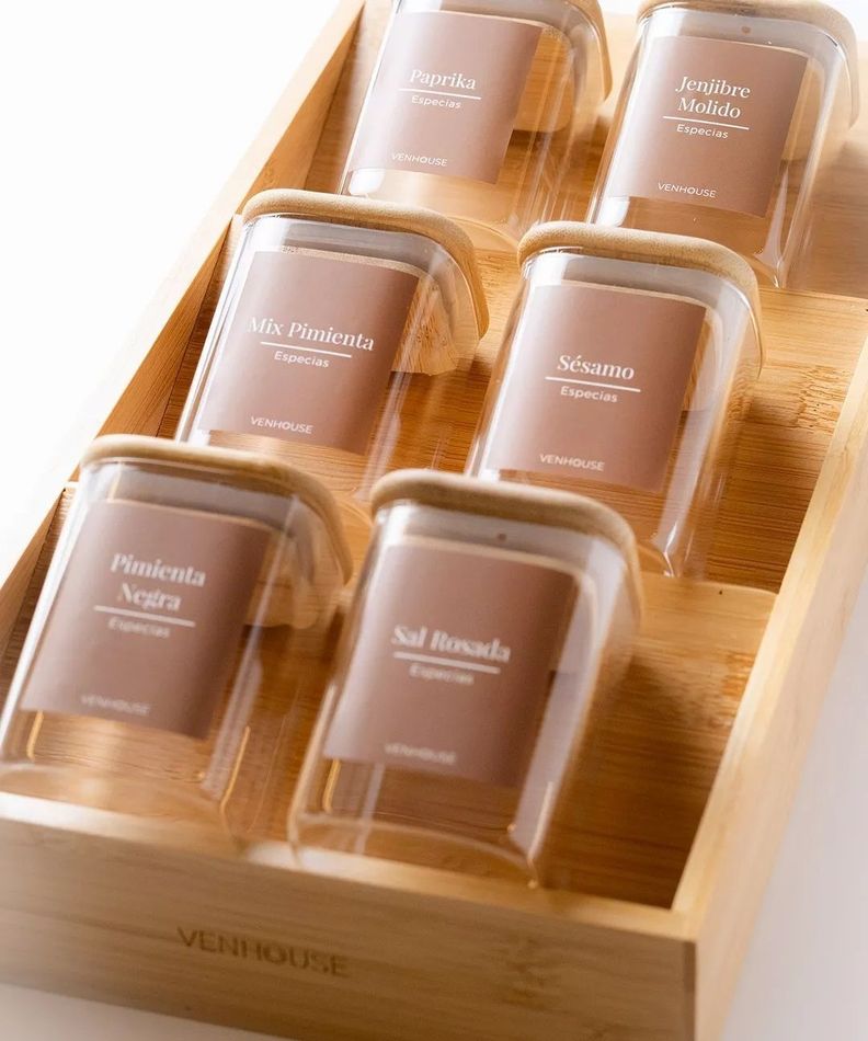 Set 6 Especieros Condimenteros Rack De Bambú Cocina Etiqueta Marron-0