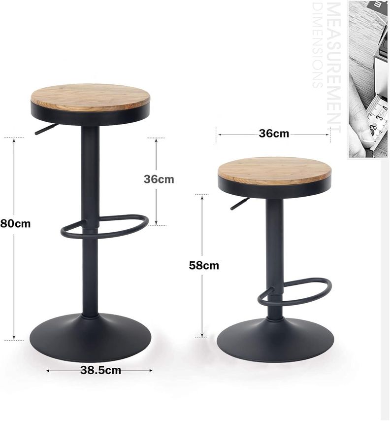 Pack 2 Taburetes Aron Regulable Pisos Bar Asiento De Madera Negros-4